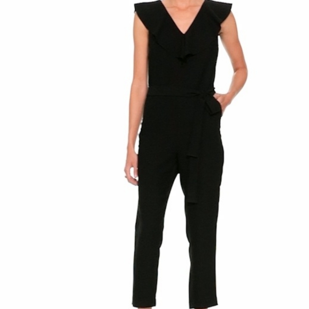 Banana‎ Republic Ruffle Collar Tie Waist Sleeveless Tapered Jumpsuit 00P Black
